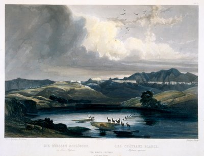 アッパーミズーリのホワイトカステル、「北アメリカの内部の旅」のボリューム2のプレート37、Sigismond Himely（1801-72）1844（aquatint）によって彫刻 作： Karl Bodmer
